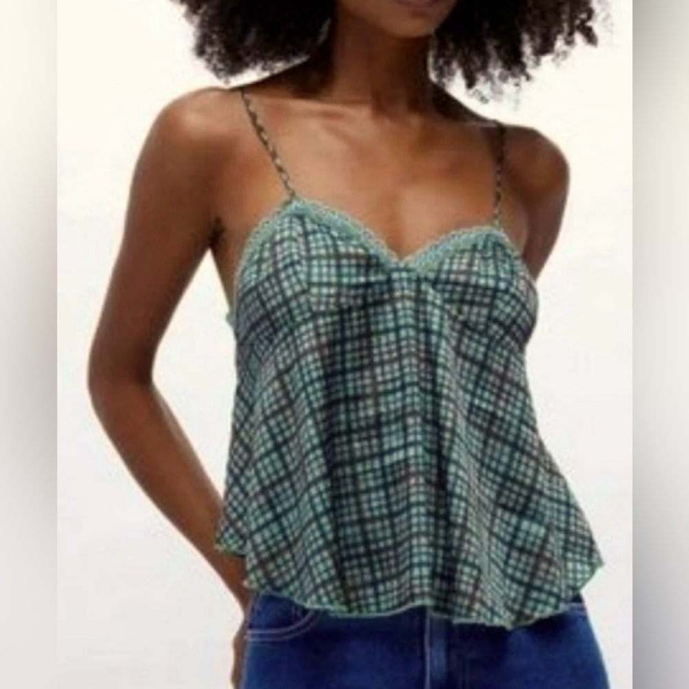 Free People With Confidence Crop Checked Cami Lace Trim Tank Top Medium